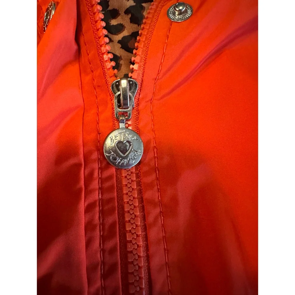 Betsey Johnson Vibrant Orange Anorak Rain Jacket‎ – Leopard & Rose Lining – XS
